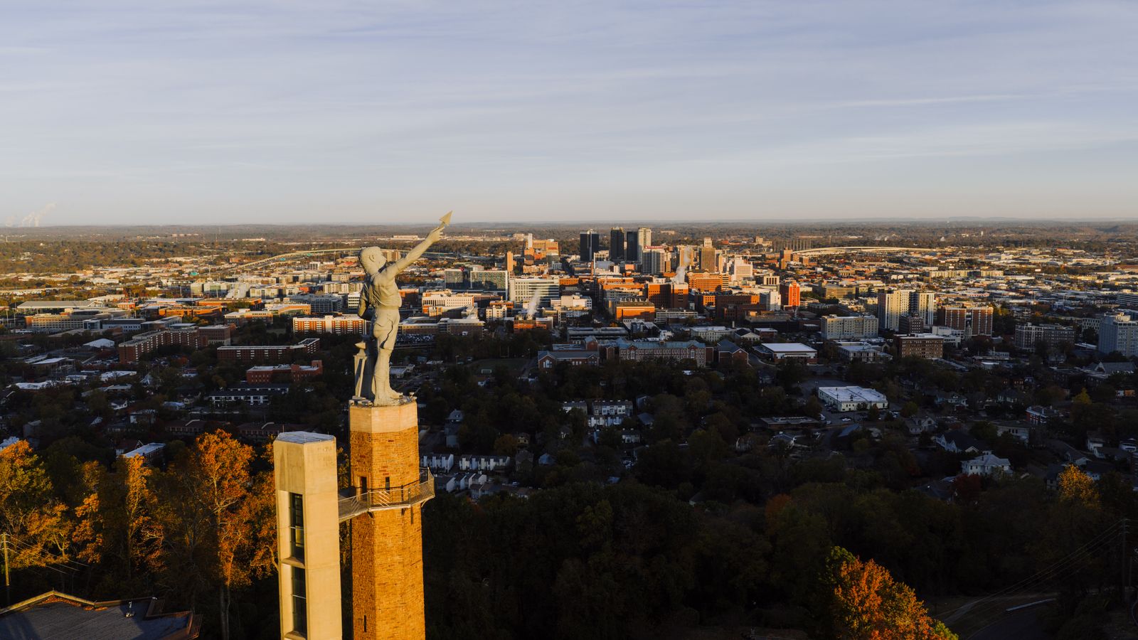 The Vulcan statue overlooking the Birmingham, Alabama skyline at sunset, just north of Hoover