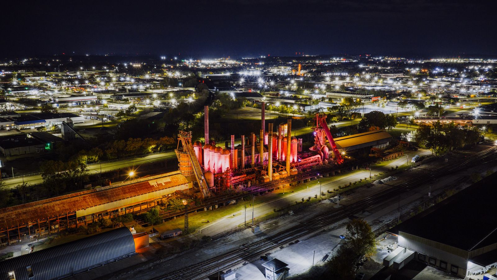 Sloss Furnaces in Birmingham, Alabama illuminated at night
