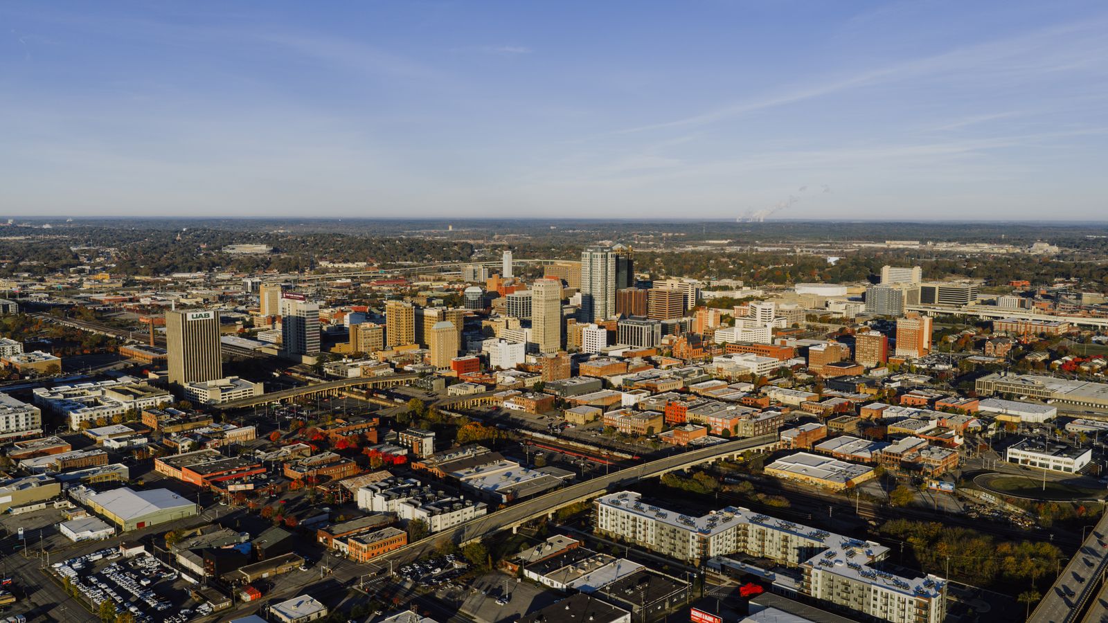 Aerial daytime view of downtown Birmingham, Alabama, just north of Hoover