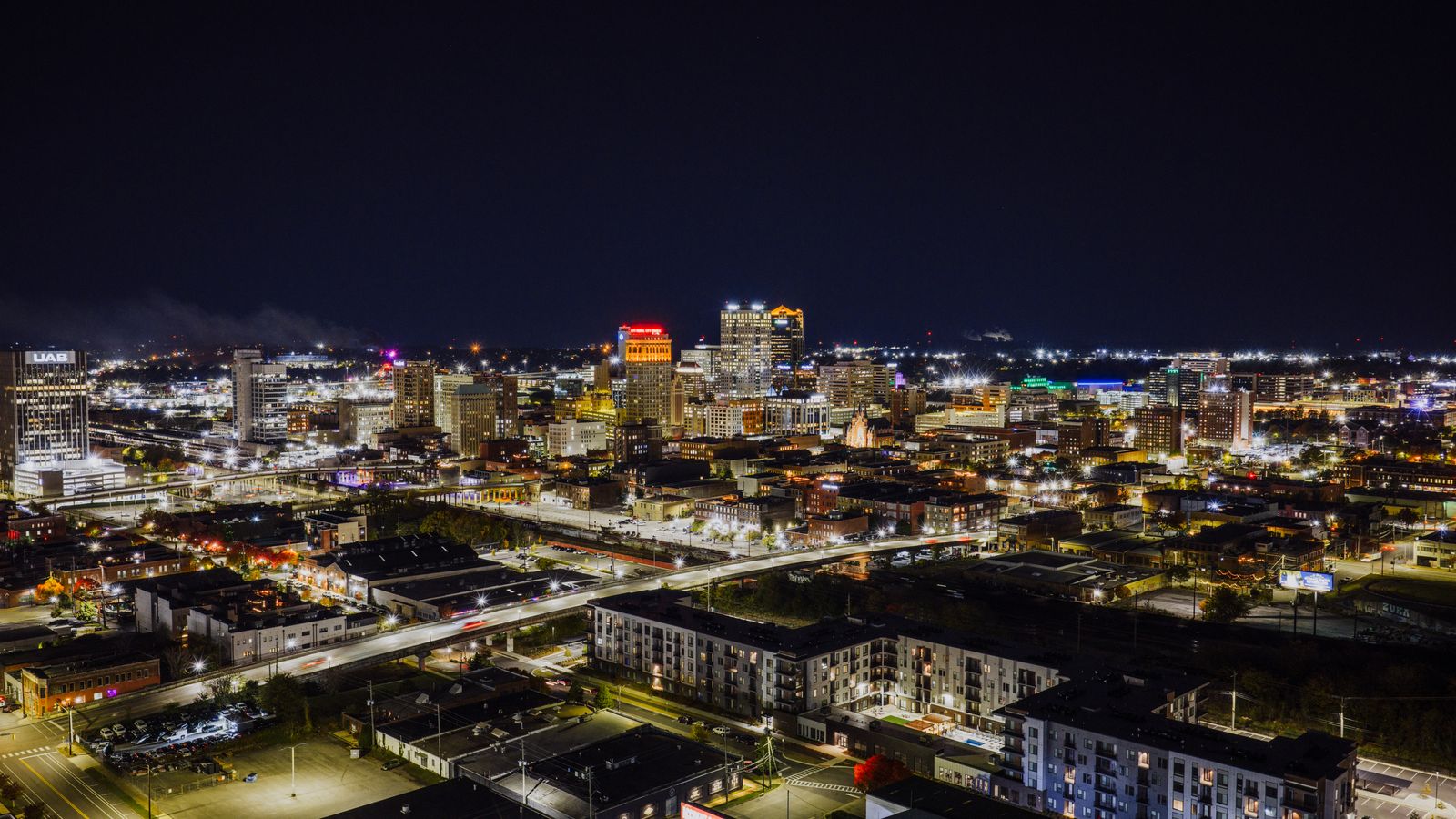 Birmingham, Alabama skyline lit up at night